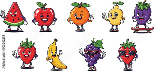 Cartoon fruit mascot set in trendy streetwear fashion. Playful character design collection fruit sticker icons