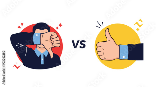Comparison between positive and negative feedback features a person showing a thumbs down gesture versus another hand giving a thumbs up.