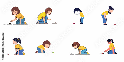 Vector set of young girls observing small insects and bugs (ladybugs, aphids) on the ground, depicting childhood curiosity and nature exploration.
