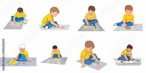 Various illustrations of children drawing colorful chalk art on the street or sidewalk, showcasing imagination and joyful playtime.