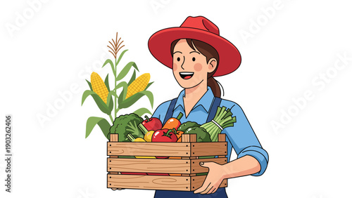 Close up portrait of a smiling female farmer wearing a red hat and holding a crate overflowing with fresh organic produce from the field.