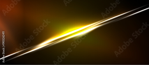 Abstract golden light streak crosses dark background. Bright glow radiates, creating dynamic visual effect. Simple, modern design.