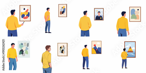 Collection of flat illustrations showing men viewing various framed paintings, including abstract and modern art, at a gallery exhibition.