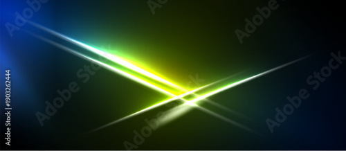 Bright light streaks intersect dark background. Vivid blue, green hues create dynamic visual effect. Energy radiates from central point.