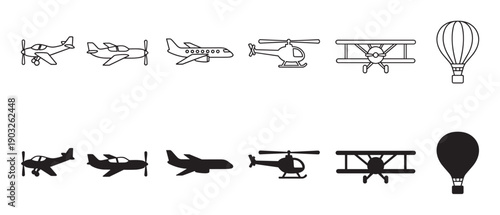 Collection of black air transport icons featuring various aircraft like a jet, helicopter, biplane, and hot air balloon in both outline and solid silhouette styles
