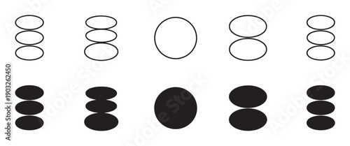 Collection of black geometric shapes and outlines arranged in two rows, featuring circles and ovals in various simple, minimalist compositions as graphic design elements