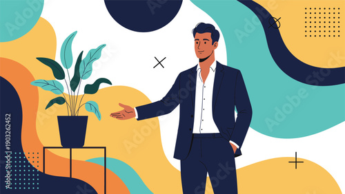 Professional businessman in a dark suit gestures toward a green potted plant set against a vibrant abstract background with wavy shapes.