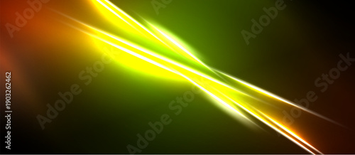 Bright yellow streaks cross dark green, orange background. Abstract light design creates dynamic visual effect. Vivid colors dominate composition.