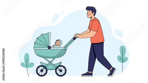 Loving father wears a casual orange t-shirt and walks outside while pushing his baby in a stylish green stroller on a sunny day.