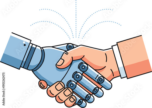 Human and robot handshake vector illustration for AI partnership. Artificial intelligence collaboration concept robotic hand.