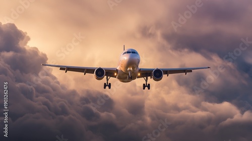 jetliner. Jetliner ascending through golden hour clouds, with a wingtip in the foreground. mobility guides, transit brochures, designed for transport & logistics marketing.