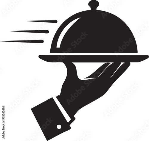 Hand holding a covered serving dish with motion lines  service  food