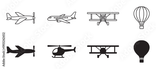 Collection of air transport icons featuring airplanes, a helicopter, and a hot air balloon in both line art and solid silhouette styles for graphic design elements