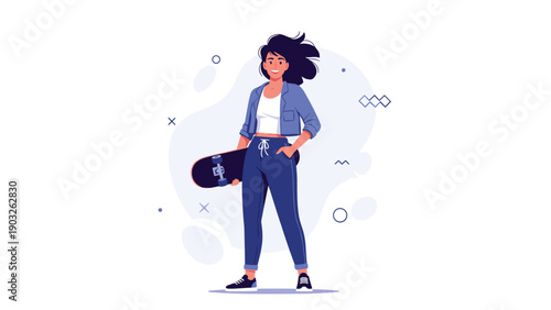 Cool young woman with black hair stands confidently while holding a skateboard under her arm against a minimalist blue background.