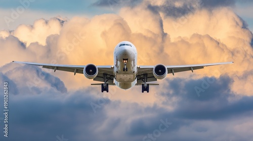 jetliner. Jetliner ascending through golden hour clouds, with a wingtip in the foreground. mobility guides, transit brochures, designed for transport & logistics marketing.