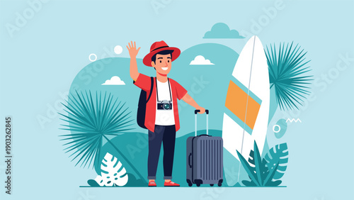Happy male traveler with a suitcase and surfboard waves goodbye while standing on a sunny beach with tropical plants and mountains.