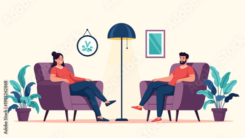 Man and woman sit in comfortable armchairs facing each other and engage in a conversation in a modern well lit living room environment.