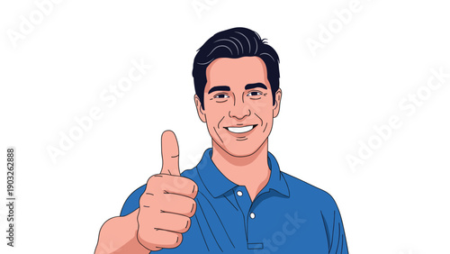 Cheerful young man in a blue polo shirt looks at the camera with a big smile and gives a positive thumbs up gesture on white background.