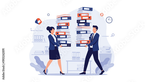 Business man and woman walk past each other while carrying massive stacks of blue and orange document folders in a busy office setting.