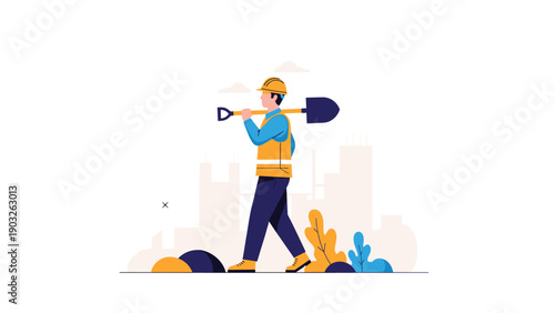 Male construction worker wearing safety helmet and vest walking with shovel over shoulder on building site.