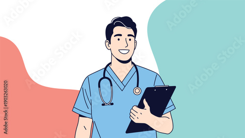 Confident young male medical professional in blue scrubs holding clipboard with stethoscope around his neck.