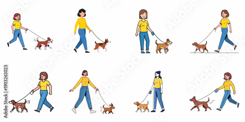 Set of Vector Illustrations: Happy Women Walking Dogs on Leash