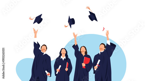 Group of diverse university students in black gowns throwing graduation caps in air celebrating academic success.