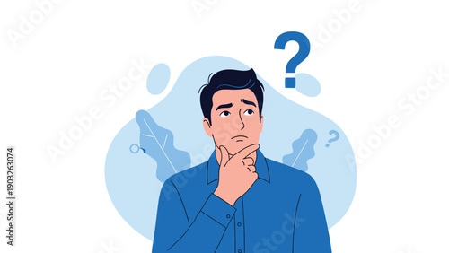 Confused young man in blue shirt thinking with hand on chin and large question mark over his head.