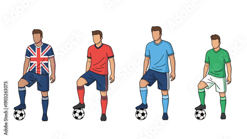 Diverse soccer players standing with footballs under foot wearing jerseys from different national sports teams.