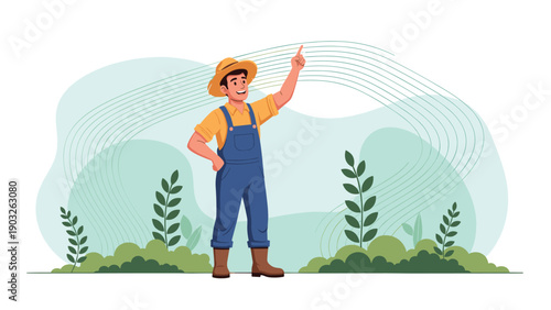 Young male farmer in blue overalls and straw hat standing in field pointing finger at copy space.
