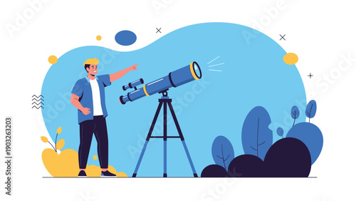 Young man using professional telescope to look at stars and planets in night sky environment.