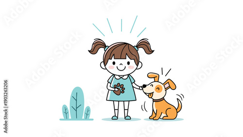 Happy young girl in blue dress playing with small dog in park or garden environment.