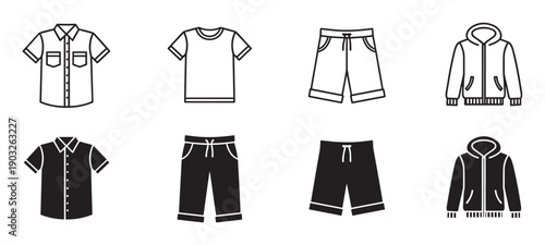 Set of men's casual clothing icons in line art and solid glyph styles showing a shirt, t-shirt, shorts, pants, and hoodie for fashion or apparel concepts