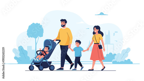 Happy young family with father mother and two children walking with baby stroller in city park.