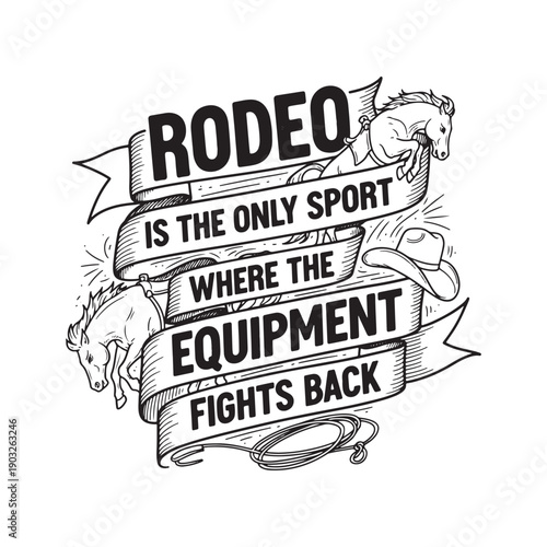  vintage rodeo illustration with bold typography and horses isolated on white background