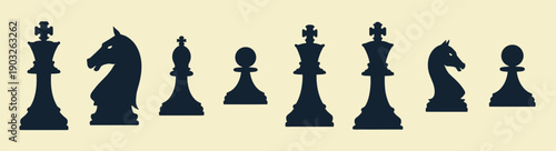 silhouettes of classic chess pieces against a light