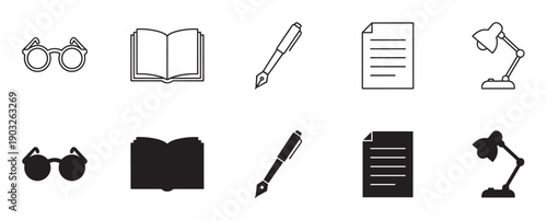 Black vector icon set for education and literature, featuring a book, glasses, fountain pen, paper document, and a desk lamp in both line art and solid silhouette versions