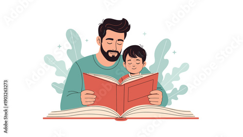 Loving father and young son sitting together and reading large book with greenery in background.