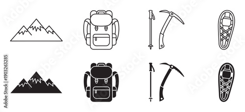 Set of black mountaineering equipment icons showing two styles, a simple line art outline and a solid black silhouette glyph version for adventure and travel concepts