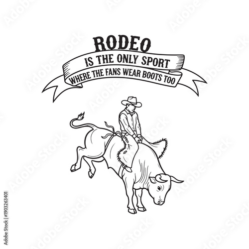  vintage style rodeo cowboy riding a bull with bold typography isolated on white background