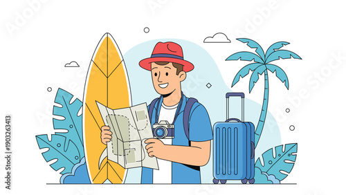 Excited traveler holding a map and camera standing near a surfboard and blue suitcase on a tropical beach destination.