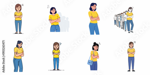 Collection of vector illustrations depicting an angry, frustrated woman with arms crossed, showing various poses and expressions of annoyance.