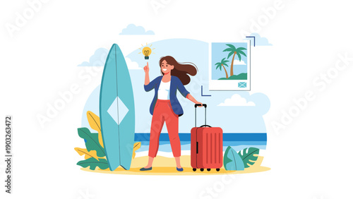 Creative woman traveler with a red suitcase and blue surfboard having a bright idea while standing on a sandy beach.