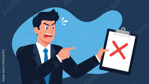 Angry businessman in a dark suit pointing aggressively at a clipboard showing a large red cross mark for rejection.