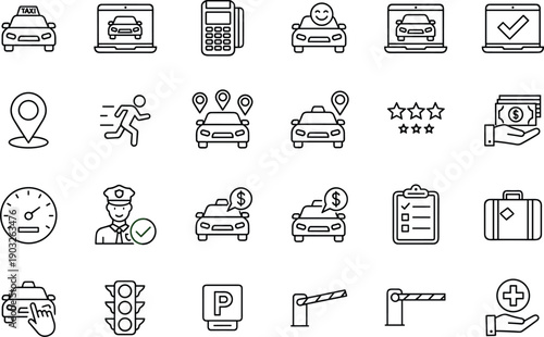Taxi service and car rental line icons set with booking navigation payment transport symbols vector illustration design