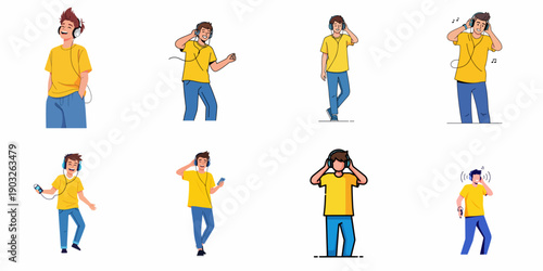 Joyful young man listening to music on headphones, illustrated in various poses demonstrating happiness, rhythm, and audio entertainment.