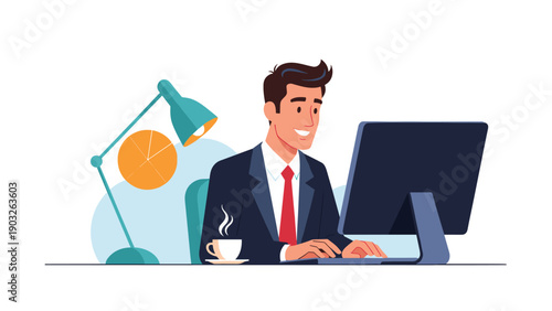 Professional businessman in a suit working on his computer at a tidy desk with a desk lamp and a cup of coffee.