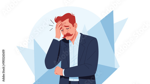 Stressed businessman in a blue suit touching his forehead while suffering from a headache or work related pressure.