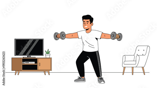 Fit young man doing dumbbell lateral raises while exercising at home in a living room with a TV and armchair.