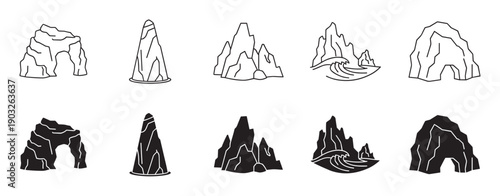 Collection of black rock formation icons showing coastal cliffs, sea stacks, arches, and waves in both simple outline and solid silhouette graphic styles